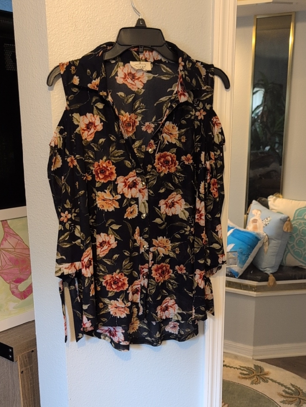 Floral Cold-Shoulder Blouse - Black with Peach Blooms